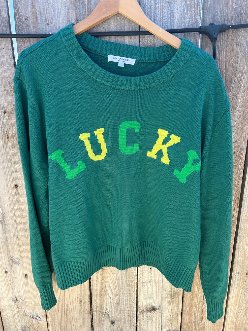 Grayson Threads Green Crewneck Sweater with Yellow & Lime Intarsia